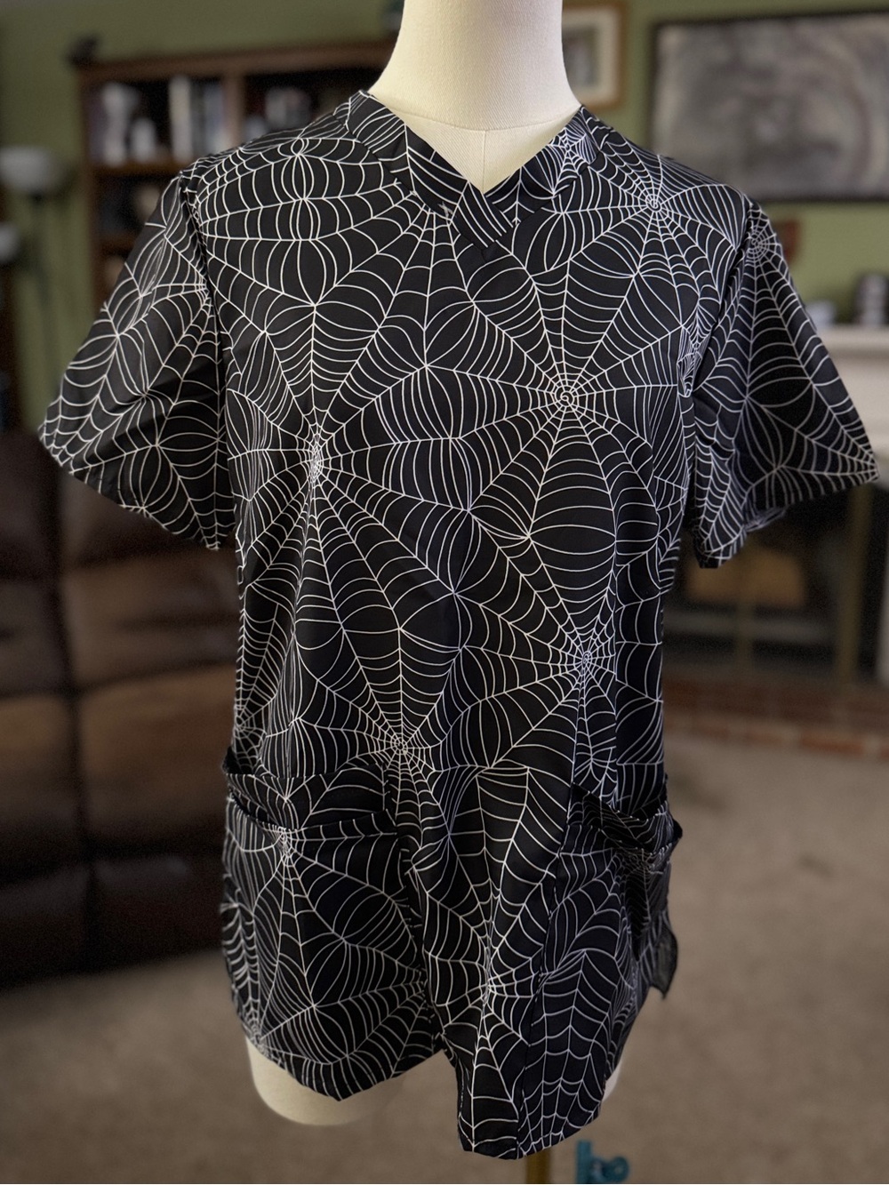 Spiderweb Scrub Top, women’s, Halloween V-Neck, Double Pockets, XL Fits Med